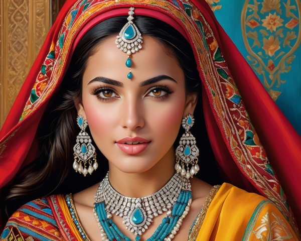Traditional Attire with Intricate Jewelry and Makeup