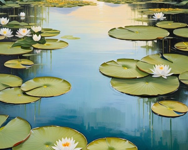 Vibrant Painting of a Serene Lake with Water Lilies