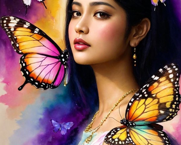 Young woman with butterfly wings in vibrant colors