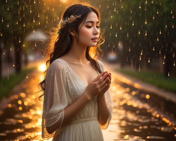 Young Woman in Ethereal Dress by Flowing Stream