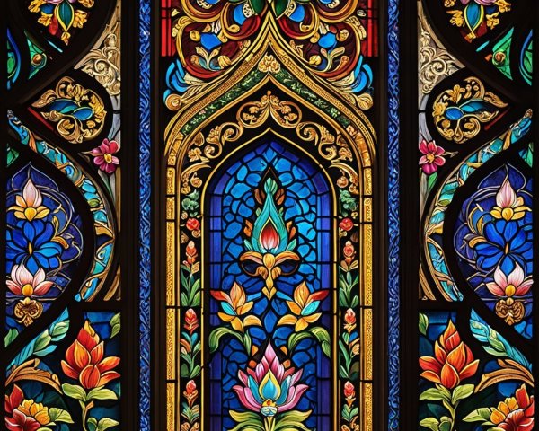 Vibrant Stained Glass Panel with Floral Patterns