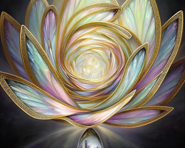 Ornate Abstract Lotus with Iridescent Petals and Gold Trim
