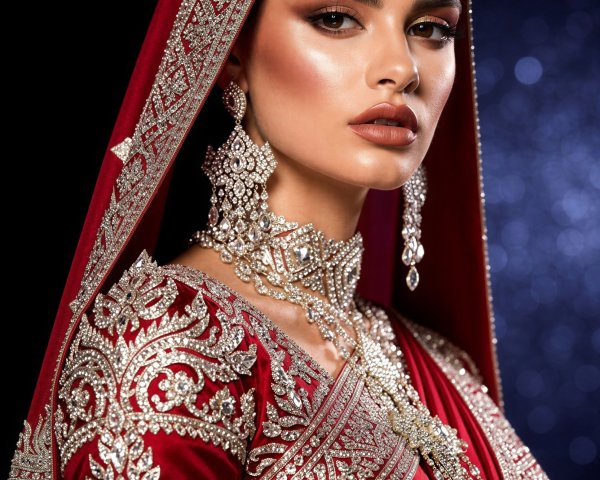 Indian Bride Portrait in Dark Red Embroidered Saree