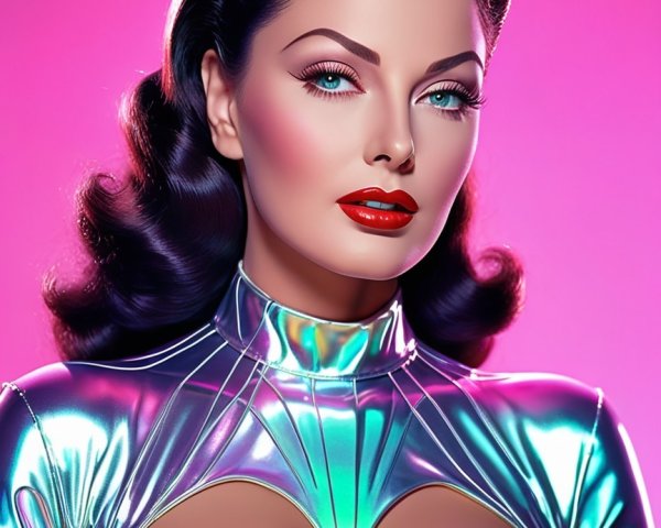 Glamorous Woman in Holographic Outfit Against Pink Background
