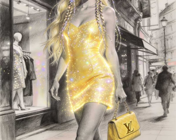 Pencil Sketch of Glamorous Woman with Louis Vuitton Store