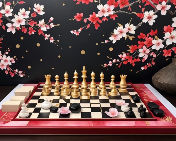 Elegant Chess Setup with Gold and Black Pieces