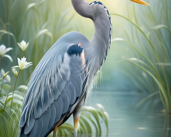 Blue Heron in Serene Pond Surrounded by Greenery