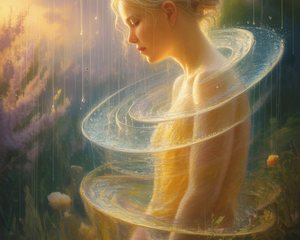 Serene Woman in Lush Landscape with Glowing Orbs