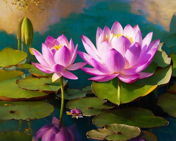 Vibrant Pink Lotus Flowers on Tranquil Pond