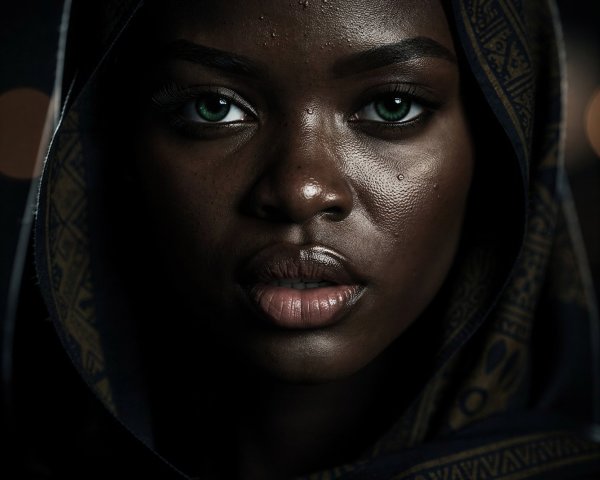 Close-up Portrait of a Dark-Skinned Woman with Green Eyes