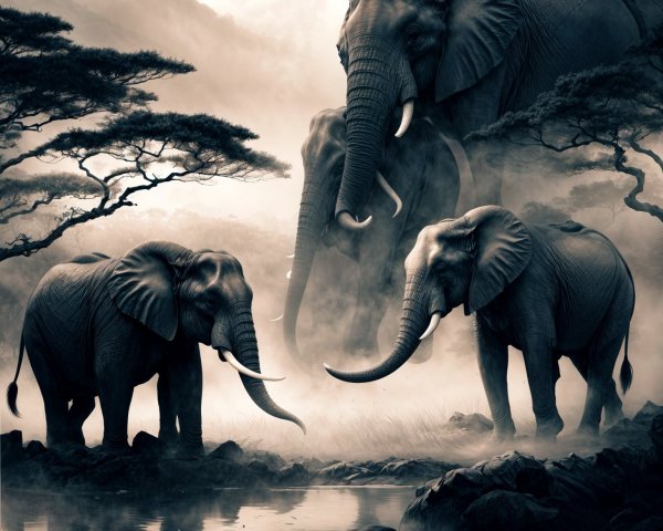 Black-and-white elephants in a misty landscape scene