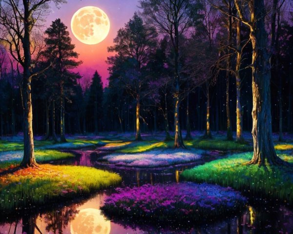 Twilight Landscape with Full Moon and Tranquil Forest
