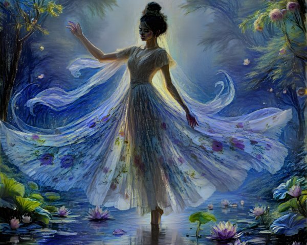 Dancer in Floral Gown in Tranquil Pond Setting
