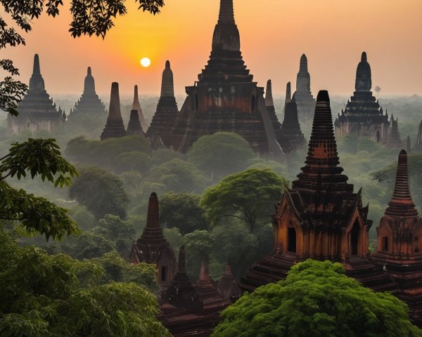 Ancient Pagodas Under Vibrant Sunrise Glow