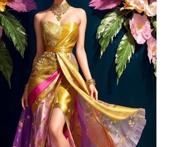 Elegant Model in Strapless Gown with Floral Details