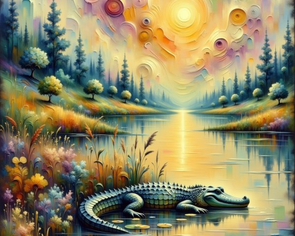 Serene landscape with river, sunset, and alligator