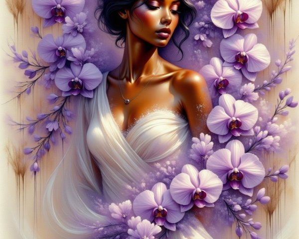 Serene Portrait of Woman with Purple Orchids