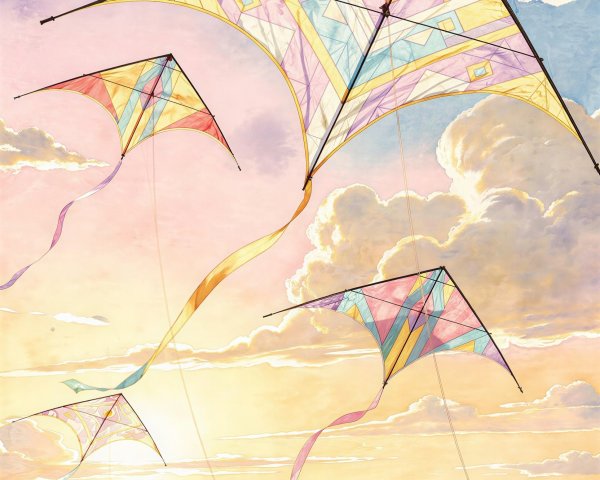 Colorful Kites with Geometric Patterns at Sunset Sky