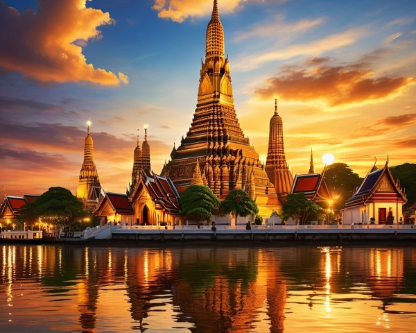 Temple Complex at Sunset with Reflective Waters