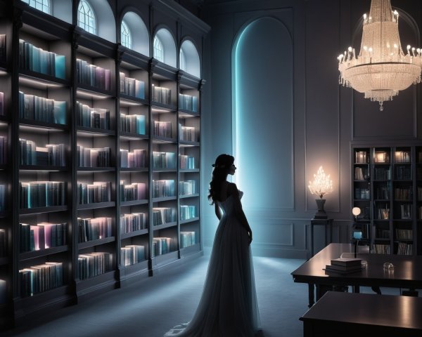 Elegant Figure in White Gown in Dimly Lit Library