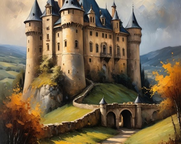 Medieval Castle on Hill with Autumn Landscape