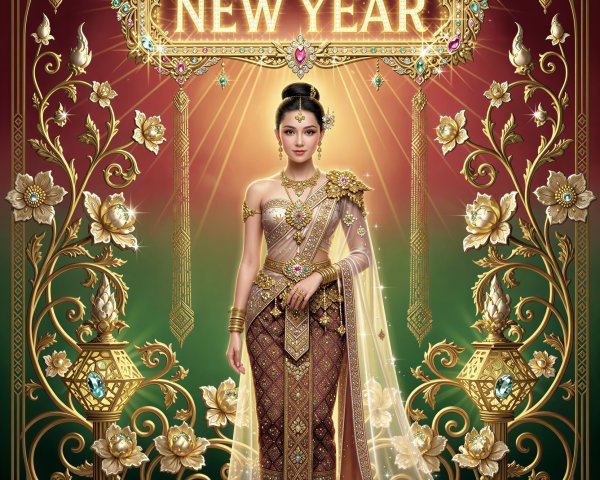 Thai Woman in Traditional Golden Attire for New Year