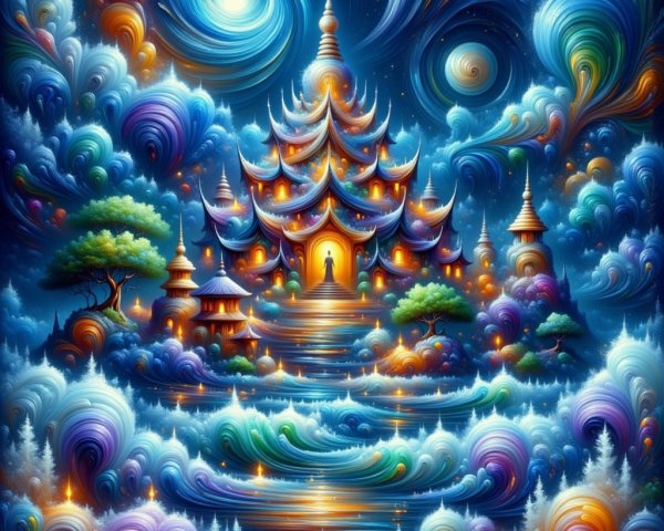 Ethereal Landscape with Colorful Palace and Clouds