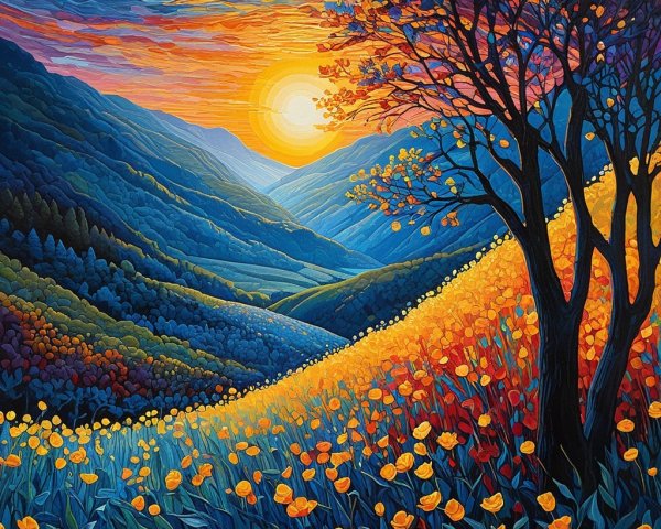 Vibrant Landscape with Mountains and Sunset Sky