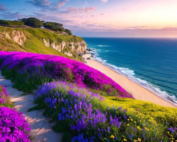 Coastal Landscape with Purple Flowers and Sunset Sky