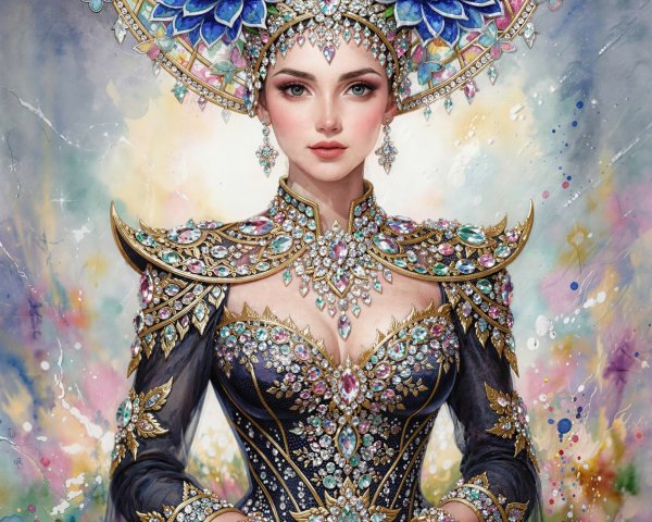 Digital Painting of Woman in Elegant Dress and Crown