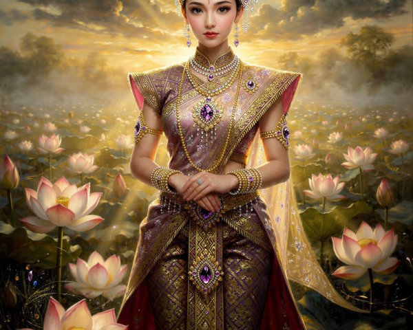 Thai Goddess in Traditional Dress at Lotus Pond