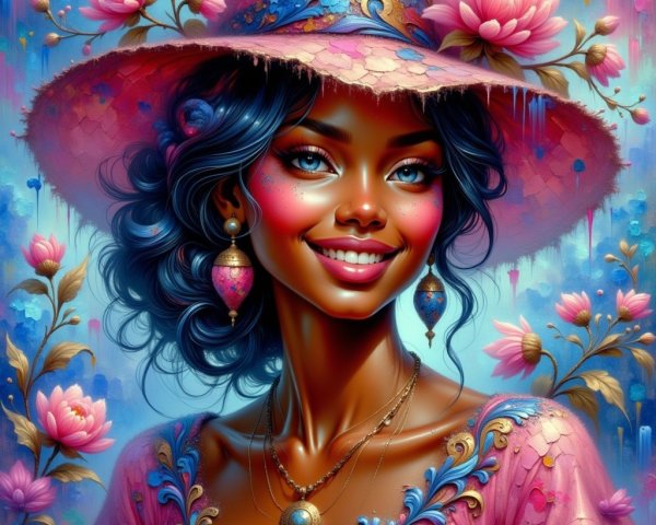 Vibrant Portrait of Woman with Blue Hair and Flowers