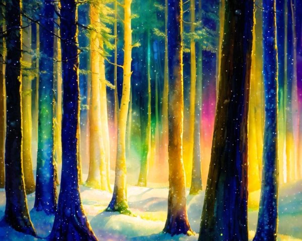 Serene forest scene with vibrant colors and snow