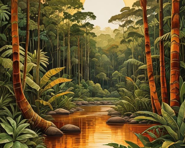 Serene jungle scene at sunset with lush foliage