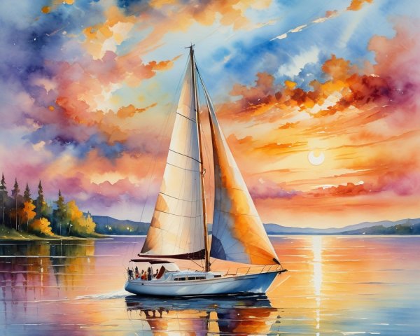 Watercolor of Sailboat at Sunset on Calm Lake