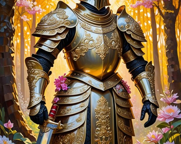 Knight in Ornate Golden Armor in Lush Forest Setting