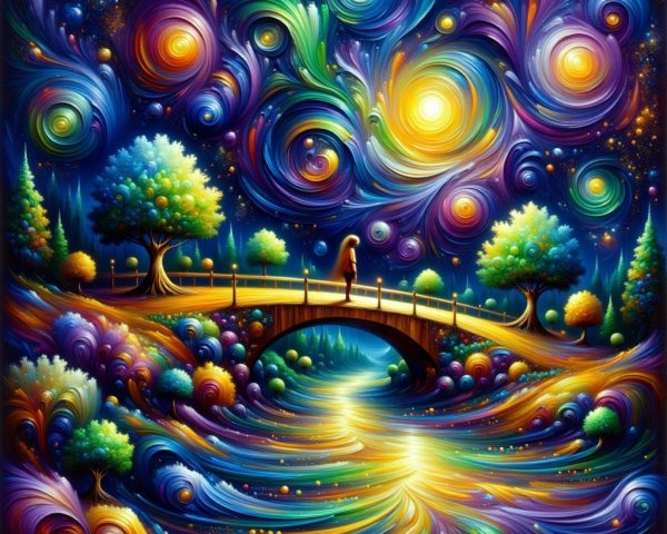 Vibrant Landscape with Bridge and Cosmic Sky