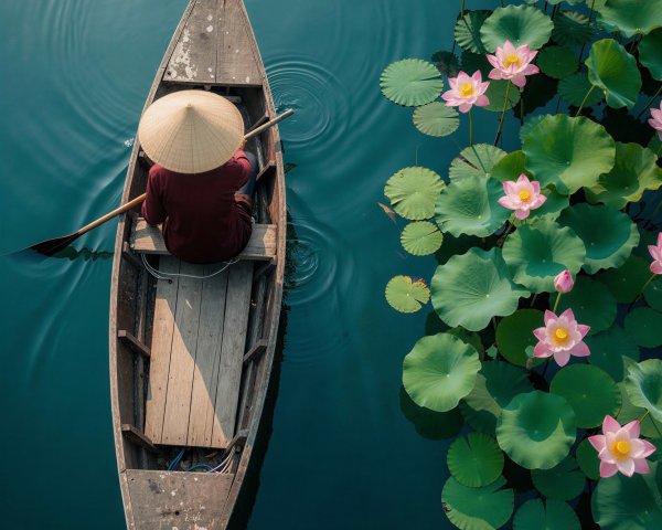 Aerial View of Rowing on Dark Blue Water with Lotus