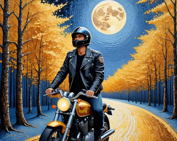 Motorcyclist on Autumn Road Under Full Moon
