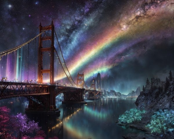 Vibrant Night Scene with Bridge and Starry Sky