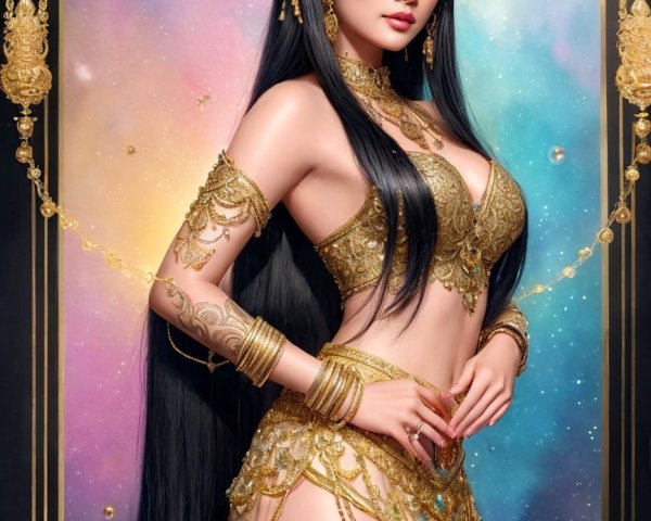 Woman in Golden Attire with Cosmic Background