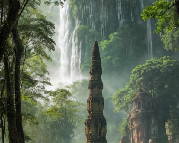 Mystical Landscape with Stone Spire and Waterfall