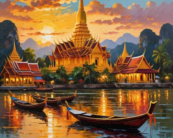 Vibrant Sunset Over Majestic Temple and Serene Waters