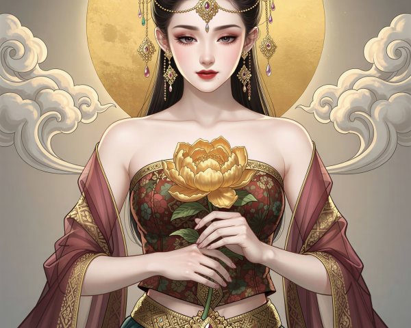 Digital Painting of Asian Woman with Gold Crown and Flower