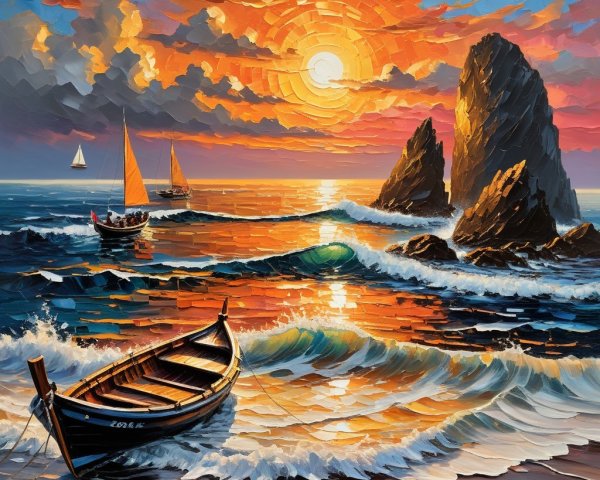 Vibrant Seascape at Sunset with Sailboats and Waves