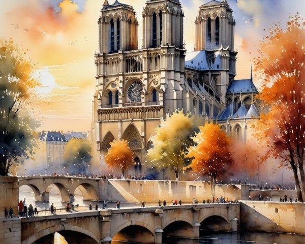Watercolor Painting of Notre-Dame at Sunset