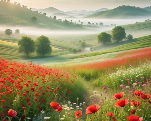 Rolling Hills with Poppies and Morning Mist