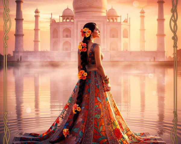 Indian woman in floral attire by misty water and Taj Mahal