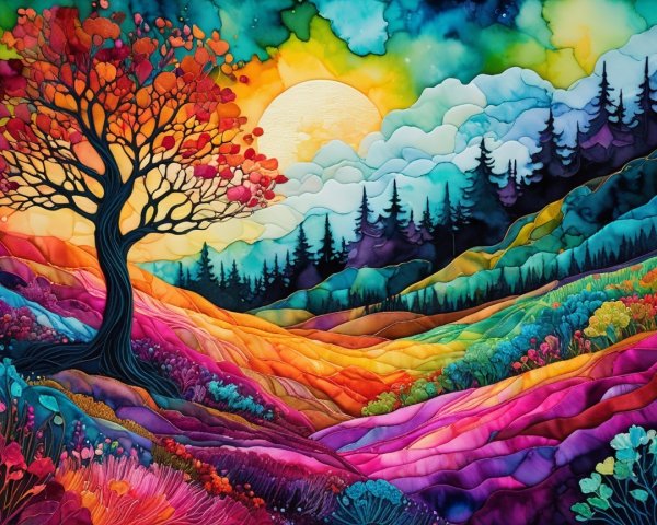 Vibrant Sunset Landscape with Autumn Tree and Wildflowers
