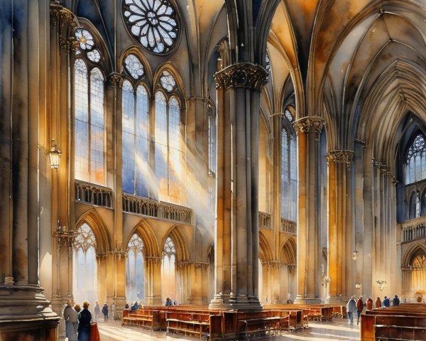 Interior of a Grand Cathedral with Stained Glass Windows